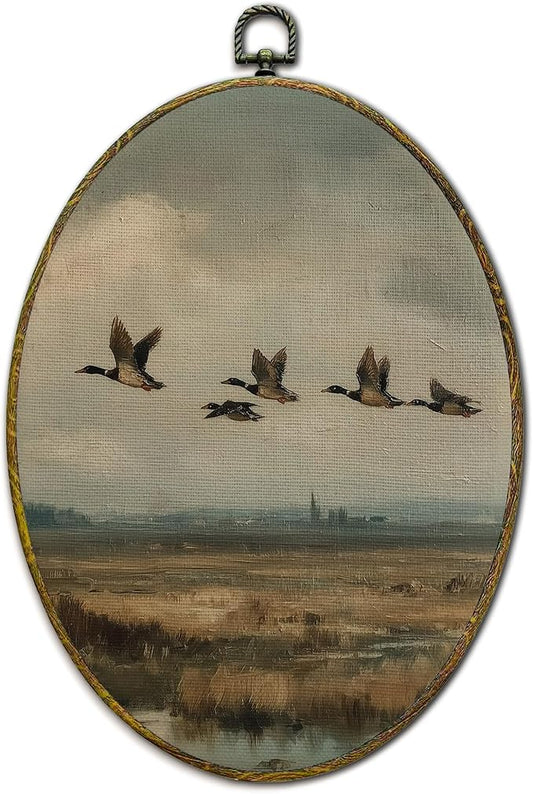 XFCICRLJ Vintage Flying Duck Wall Art Decor, Rustic Farmhouse Oval Canvas Prints Framed, Cottagecore Countryside Farm Animals Landscape Wall Art Decorations for Bedroom Living Room Decor, 11x8.5 Inch