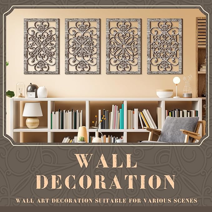 Yulejo 4 Pcs Thicken Rustic Wall Decor Modern Farmhouse Art Decor Wooden Hollow Carved Design Rustic Art for Living Room Hallway Decor Office Kitchen Wall
