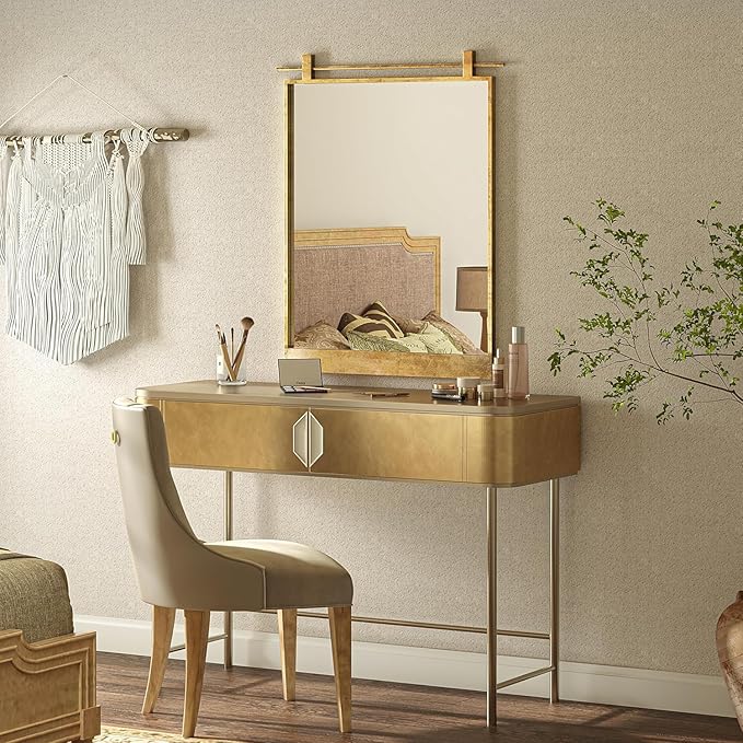 24x32 Inch Rectangle Bathroom Vanity Mirror for Wall Mounted Over Sink Farmhouse Rustic Matte Brushed Gold Barn Door Mirrors Foyer Entryway Decor