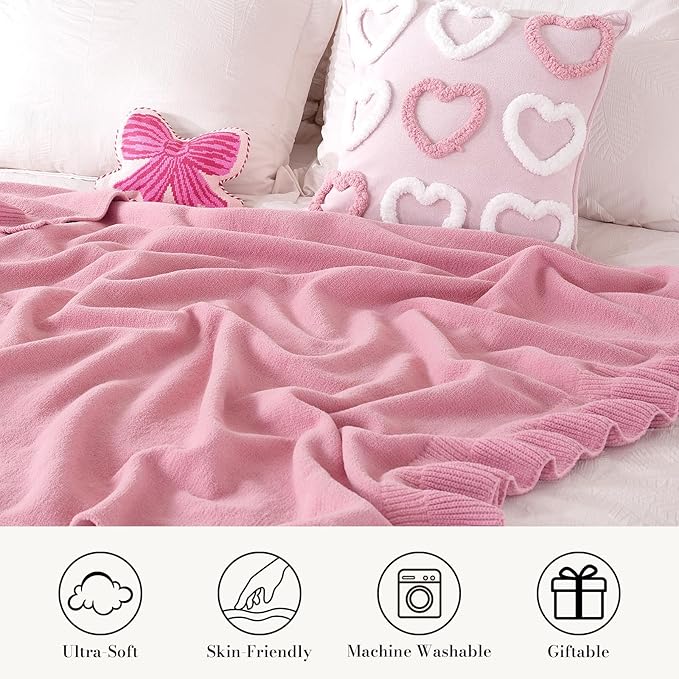 Amélie Home Ultra Soft Ruffle Knit Chenille Throw Blanket for Couch & Bed, Cozy Flowers Blankets for Home Decor, Gifts for Women Mom Sister on Mother's Day Valentine's Day Birthday, 50"x60", Pink
