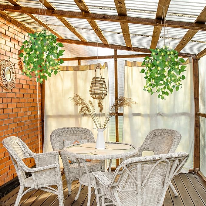 2 Pack Hanging Plant Fake Hanging Plants with LED Lights, Artificial Hanging Plant with Pots, Artificial Plants for Home Decor Wall Indoor Outdoor Office Decor