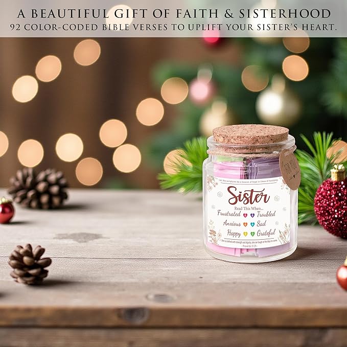 Bible Verse Jar for Sister – 92 Color-Coded Scriptures for Encouragement, Birthday Present for Sister from Mom, Daughter-in-Law Gift Idea, Faith & Comfort Jar, Inspirational Christmas Gift for Sister