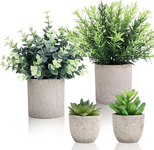 CEWOR 4 Pack Small Fake Plants Eucalyptus Rosemary Succulents Plants Artificial in Pots for Shelf Artificial Greenery Eucalyptus Plant Indoor for Home Bedroom Living Room Decoration