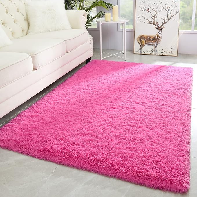 Merelax Soft Modern Indoor Shaggy Rug for Bedroom Livingroom Dorm Kids Room Home Decorative, Non-Slip Plush Fluffy Furry Fur Area Rugs Comfy Nursery Accent Floor Carpet 3x5 Feet, Hot Pink