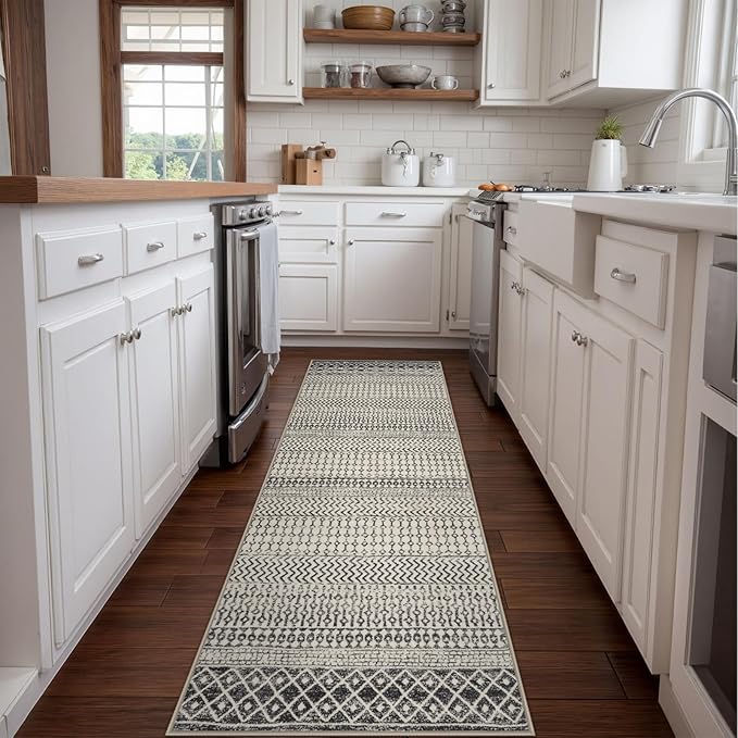 Moroccan Hallway Runner Rug, 2'6''x8' Ktchen Rugs Non Slip Washable, Low-Pile Distressed Bathroom Runner Rug Black Rugs for Bedroom Bathroom Kitchen Entryway Laundry Room