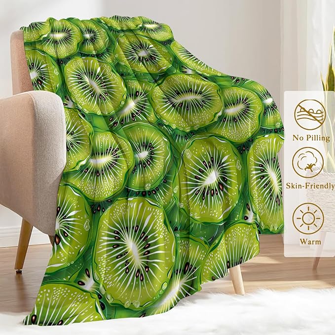Fresh Kiwifruit Throw Blanket 60x80 in, Fresh Green Kiwi Fruit Blankets for Couch Bedroom Living Room Indoor Decor, Lightweight Soft Cozy Bedding Birthday Gift for Kids Boys Adults