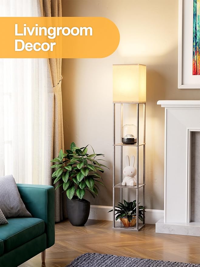 Floor Lamp with Shelves for Living Room Oak Gray, Shelf Floor Lamp with 3 CCT LED Bulb, Corner Display Standing Column Lamp Etagere Organizer Tower Nightstand with White Linen Shade for Bedroom Office