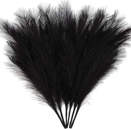 ZIFTY 6-Pcs 17" Black Pampas Grass Faux Pompas Fluffy Artificial Fake Flower Gothic Decorations for Black Bathroom Decor Vase Filler Ins Style Modern Home Decor Halloween (Black)