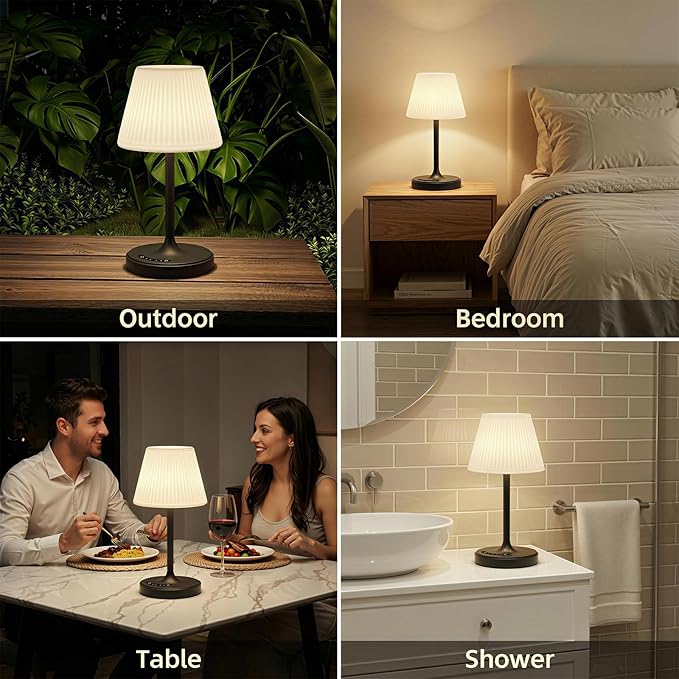Cordless Table Lamp, Waterproof Shower Lamp, 4000mAh Rechargeable Table Lamps, 3-Color Dimmable Light, Battery Operated Lamp Desk Night Lamp for Bathroom Bedroom Patio Camping Restaurant (Black)