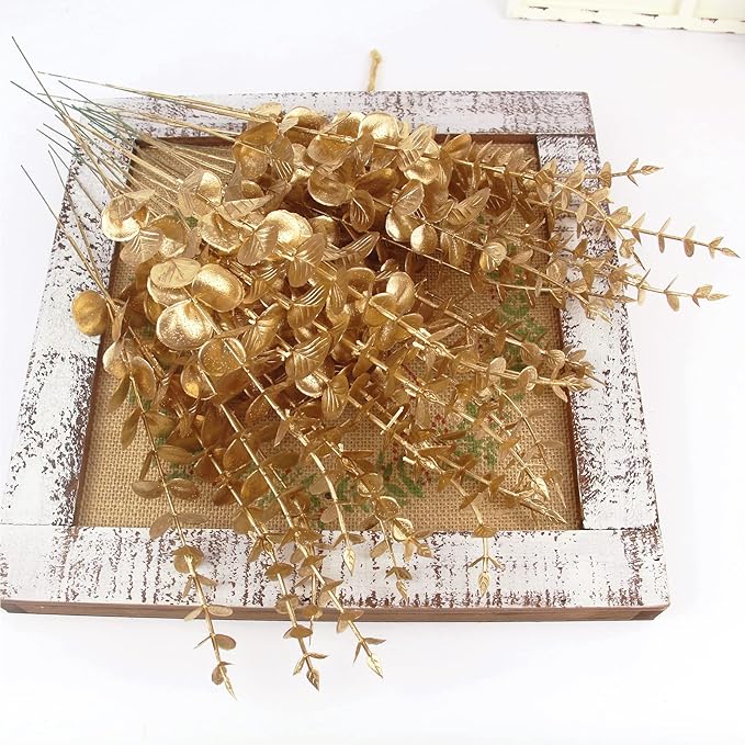 Tinsow 26pcs Artificial Eucalyptus Stems Gold Faux Eucalyptuses Branch Real Touch Leaf Wedding Bouquet Minimalist Fall Home Decor