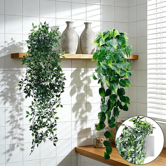 Artificial Hanging Plants for Shelf, 2-Pack Fake Potted Greenery Faux Mandala and Pothos Ivy Vines in Black Pot, Décor for Office Living Room Bathroom Indoor Outdoor