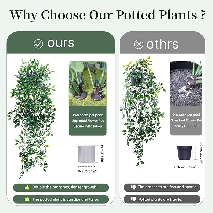 Artificial Hanging Plants for Shelf, 2-Pack Fake Potted Greenery Faux Mandala and Pothos Ivy Vines in Black Pot, Décor for Office Living Room Bathroom Indoor Outdoor