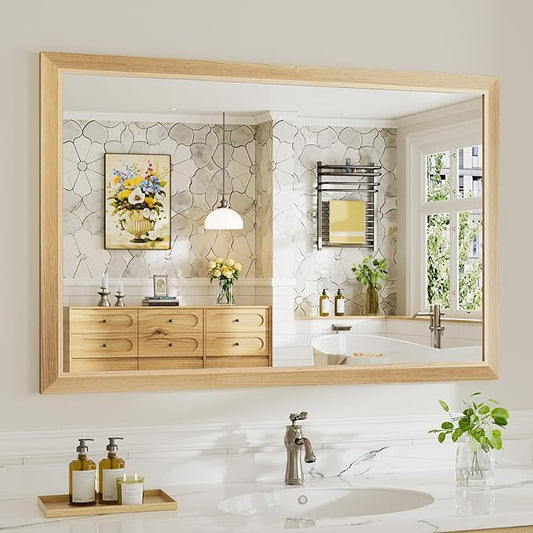48x32 Inch Bathroom Mirror for Wall, Anti-Rust Oak Wood Grain Metal Framed Bathroom Mirrors for Over Sink,Rectangler Mirrors for Bathroom Vanity, Farmhouse, Bedroom, Living Room, Entryway Decor