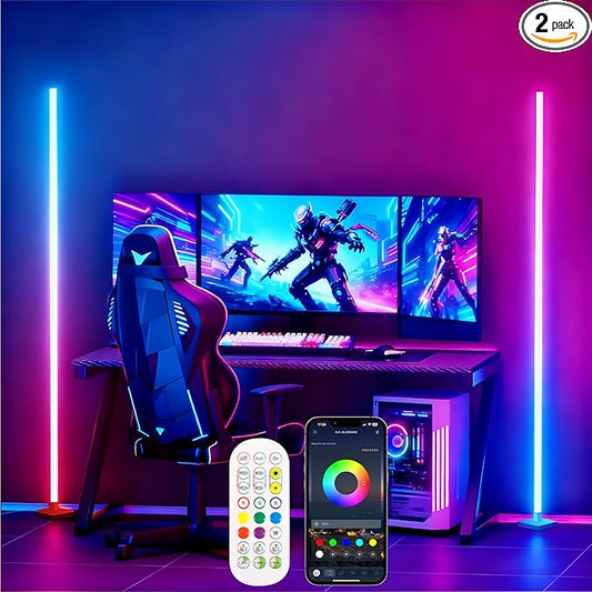 2 Pack DIY Corner Floor Lamps, ICRGB Floor Lamp with Music Sync and 16 Million Colors, Color Changing Standing Floor LED Lights for Bedroom Living Room Decor, Ambient Mood Lighting Gaming