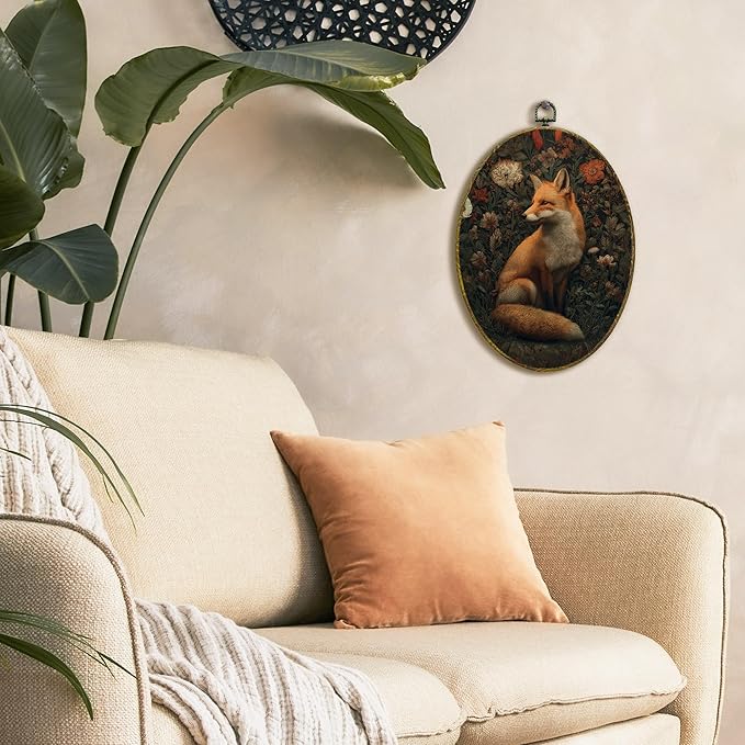 XFCICRLJ Vintage Moody Fox Wall Art Decor, Dark Cottagecore Botanical Fox Oval Canvas Prints Framed, Dark Academia Forest Fox Wall Art Decorations for Home Bedroom Living Room Decor, 11x8.5 Inch