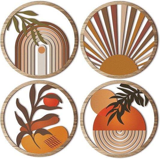 Qunclay 4 Pcs Boho Wall Art Bohemian Wooden Round Circle Wall Decor Hollow out Hanging Farmhouse Aesthetic for Bedroom Living Room Bathroom Bedroom Bathroom Patio Apartment Gift 10 Inch(Stylish)