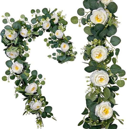 Greenery Garland with White Roses 2Pack: 5.9Ft Artificial Vines Hanging Eucalyptus Leaves for Wedding Arch Swag Backdrop Doorways Table Runner