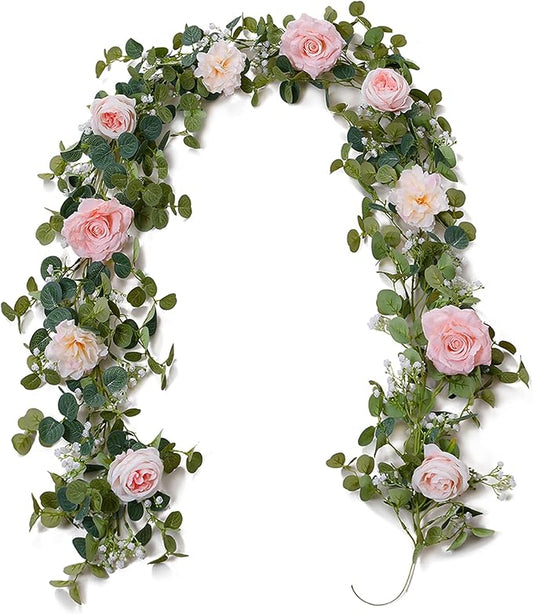 Anna's Whimsy 5.91FT Artificial Eucalyptus Garland with Flowers, Fake Rose Gypsophila Garland, Faux Floral Greenery Garlands for Wedding Spring Party Art Table Runner Decor (Pink, 1)