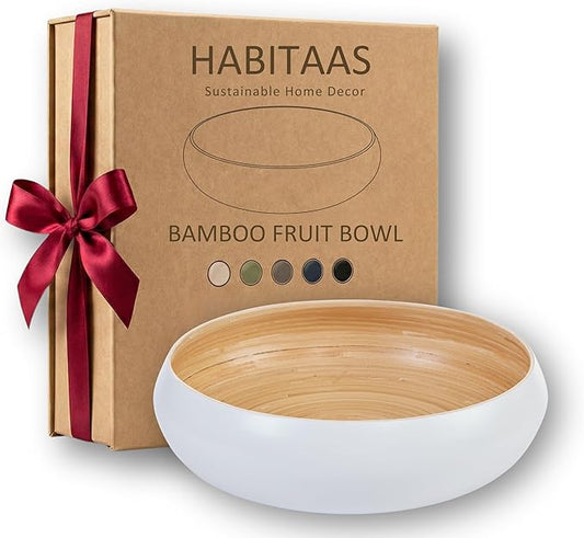 Fruit Bowl For Kitchen Counter, Decorative Bowl, Large Serving Bowl Or Fruit Basket For Kitchen Spun Bamboo (White)