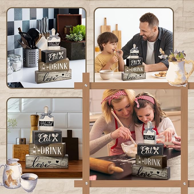 4 Pcs Farmhouse Kitchen Decor Wooden Plate Farmhouse Table Decor Black Brown and White Plate Tableware Centerpiece Rustic Decorative Plates Block Sign for Display Cabinet Kitchen Decoration