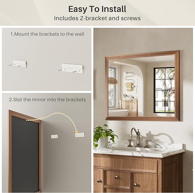 55x36 Inch Bathroom Mirror for Wall, Anti-Rust Walnut Wood Grain Metal Framed Bathroom Mirrors for Over Sink,Rectangler Mirrors for Bathroom Vanity, Farmhouse, Bedroom, Living Room, Entryway Decor