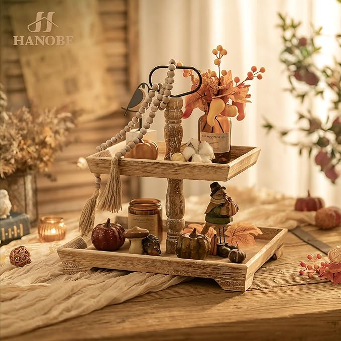 Hanobe Tiered Tray for Table Decor: 2 Tier Serving Stand Farmhouse Decorative Tray for Coffee Bar Centerpiece Rectangle Wood Display Stands Kitchen Counter (Rustic Brown)