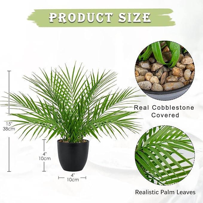 Briful Fake Plant 15’’ Artificial Palm Plant in Matte Black Pot Realistic Faux Tropical Palm Tree Houseplant for Home Indoor Living Room Tabletop Bedroom Decorations
