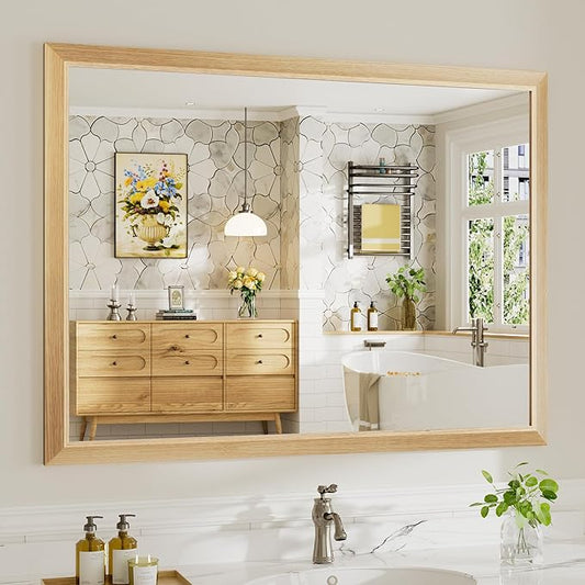 48x36 Inch Bathroom Mirror for Wall, Anti-Rust Oak Wood Grain Metal Framed Bathroom Mirrors for Over Sink,Rectangler Mirrors for Bathroom Vanity, Farmhouse, Bedroom, Living Room, Entryway Decor