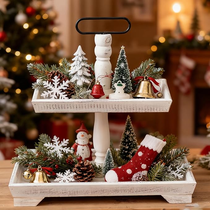 Hanobe Tiered Tray for Table Decor: Christmas 2 Tier Decorative Tray Stand for Coffee Bar - Large Rustic White Centerpiece Display Stands for Holiday - Wood for Kitchen Counter Decorations