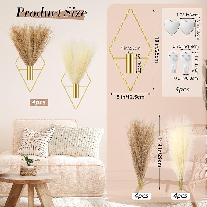 Hanaive 4 Sets Boho Gold Wall Decor Metal Wall Art Hanging Planters with Artificial Pampas Display Art Modern Home Metal Vase for Bedroom Living Room Home Office(Gold, Beige, Dark Coffee)