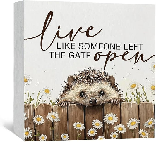 Hedgehog Wooden Box Sign -Rustic Farmhouse Live Like Someone Left the Gate Open Signs for Home Decor, Farm Cottagecore Animal Office Kitchen Bedroom Decor, Hedgehog Gifts for Women, 6x6