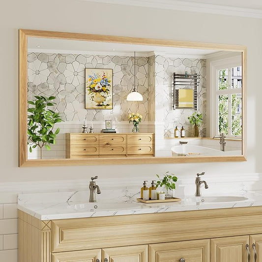 72x36 Inch Bathroom Mirror for Wall, Anti-Rust Oak Wood Grain Metal Framed Bathroom Mirrors for Over Sink,Rectangler Mirrors for Bathroom Vanity, Farmhouse, Bedroom, Living Room, Entryway Decor