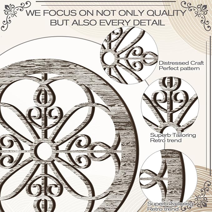 Yulejo 4 Pcs Thicken Rustic Wall Decor Farmhouse Kitchen Wall Round Art Wooden Hollow Carved Design Rustic Art for Living Room Bedroom Hallway Decor (15.7 x 15.7 Inch,Retro White)