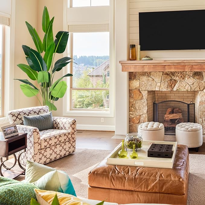 Artificial Bird of Paradise Plant 8Ft Fake Tropical Palm Tree with 18Trunks Faux Banana Leaf Trees in Pot for Home Indoor Outdoor Office Modern Decor Housewarming Gift（2Pcs）