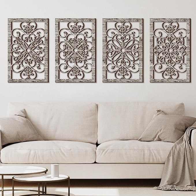 Yulejo 4 Pcs Thicken Rustic Wall Decor Modern Farmhouse Art Decor Wooden Hollow Carved Design Rustic Art for Living Room Hallway Decor Office Kitchen Wall