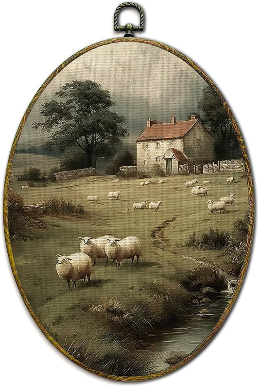 XFCICRLJ Vintage Easter Rustic Sheep Wall Art Decor, French Country Landscape Oval Canvas Prints Framed, Countryside Nature Sheep Wall Art Decorations for Home Bedroom Living Room Decor, 11x8.5 Inch