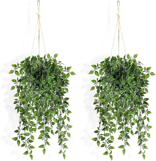 Fake Hanging Plants Indoor - 2 Pack Faux Greenery Plant for Home Decor Artificial Potted Vines with Black Plastic Planter for Bedroom Living Room Garden Front Porch Table Shelf Wall Decoration