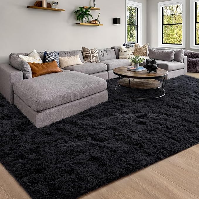 Merelax Soft Modern Indoor Large Shaggy Rug for Livingroom Bedroom Decor Aesthetic, Non-Slip Plush Dorm Kids Room Rug Fluffy Area Rugs Comfy Nursery Kids Plat Mat Accent Floor Carpet 6x9 Feet, Black
