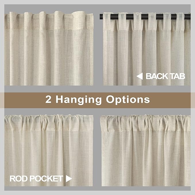 Flax Linen Curtains 108 Inches Long for Kids Room 2 Panels Back Tab Pocket Window Draperies Light Filtering Semi Privacy Beige Sheer Curtains for Living Room Sliding Door Track Cotton Canvas Look 9 FT