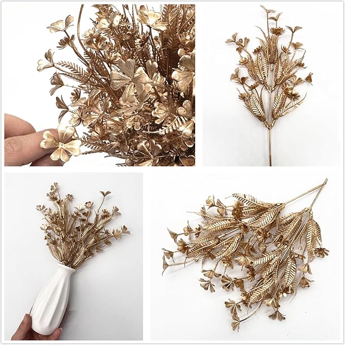 PASYOU Gold Fake Flowers Artificial Shrubs for Christmas Decor, Plastic Plants Faux Leaves Stems Grass Foliage Home Wreath Ornaments Party Hotel Wedding Event Gift DIY Tree Decoration Golden 10 Pack