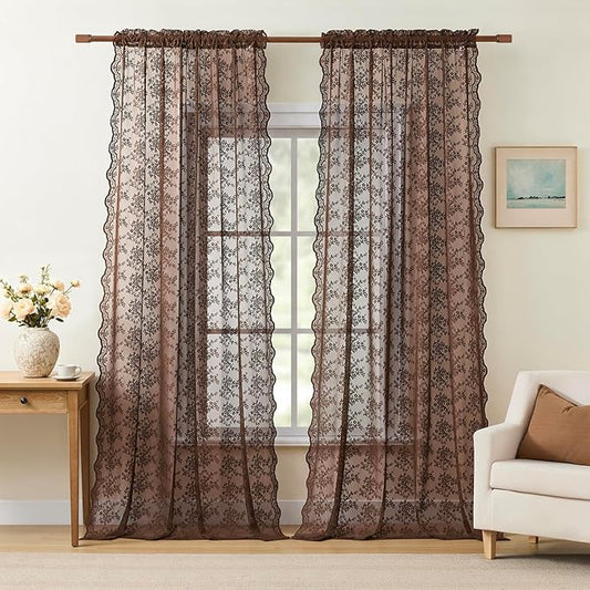 YJ YANJUN Brown Curtains 2 Panels, Country Cottage Core Lace Curtains, Earthy Floral Embroidered Texture,Privacy Sheer Panels for Home Office Living Room, Rustic Farmhouse Neutral Decor W52 X L72