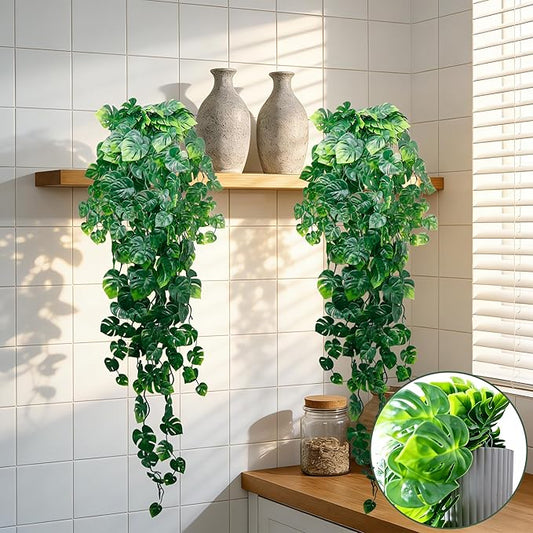 Artificial Hanging Plants for Shelf, 2-Pack Fake Potted Greenery Faux Monstera Leaves Vines in Black Pot, Décor for Office Living Room Bathroom Indoor Outdoor