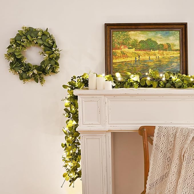 Dolicer 6 Packs 6FT Artificial Eucalyptus Garland with LED Light String, Faux Greenery Garland Hanging Fake Silver Dollar Eucalyptus Leaves Vines for Wedding Backdrop Arch Table Wall Party Home Decor