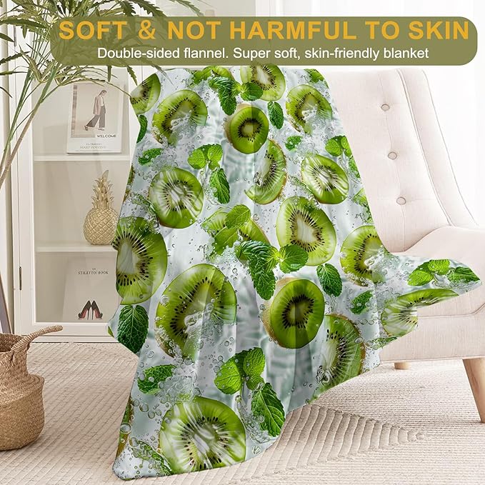 Refreshing Kiwi Mint Throw Blanket 50x60 in, Green Kiwi Mint Leaves Blankets for Couch Bedroom Living Room Indoor Decor, Lightweight Soft Cozy Bedding Birthday Gift for Kids Boys Adults