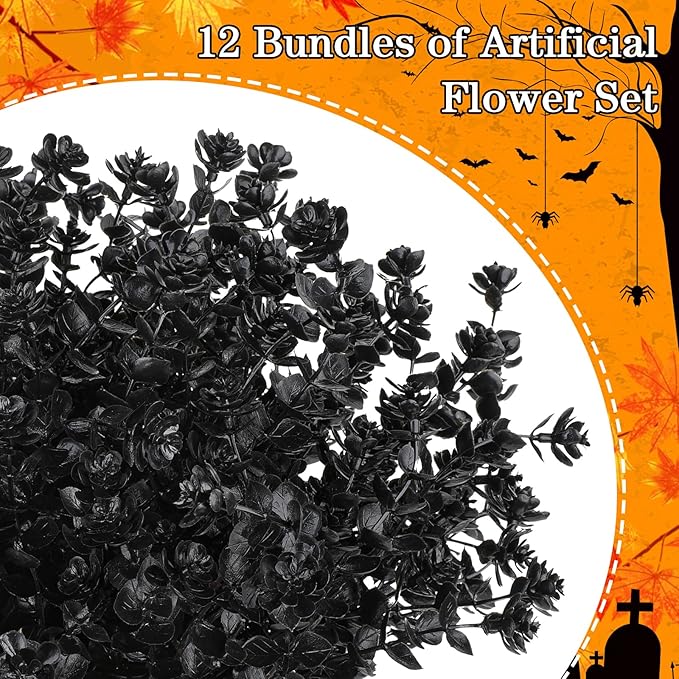 AGIRL 12 Bundles Black Artificial Flowers for Outdoor,No Fade Fake Plastic Flowers Faux Plants for Halloween Decor,Hanging Planters Decoration Indoor Outside Garden Porch Window Box Home Party