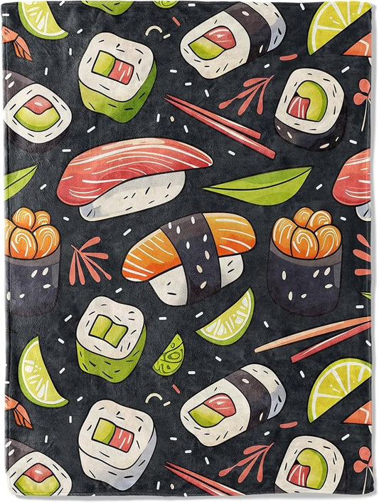 Sushi Throw Blanket 40x50 in, Fun Colorful Japanese Food Pattern Blankets for Couch Bedroom Living Room Indoor Decor, Lightweight Soft Cozy Bedding Birthday Gift for Kids Boys Adults
