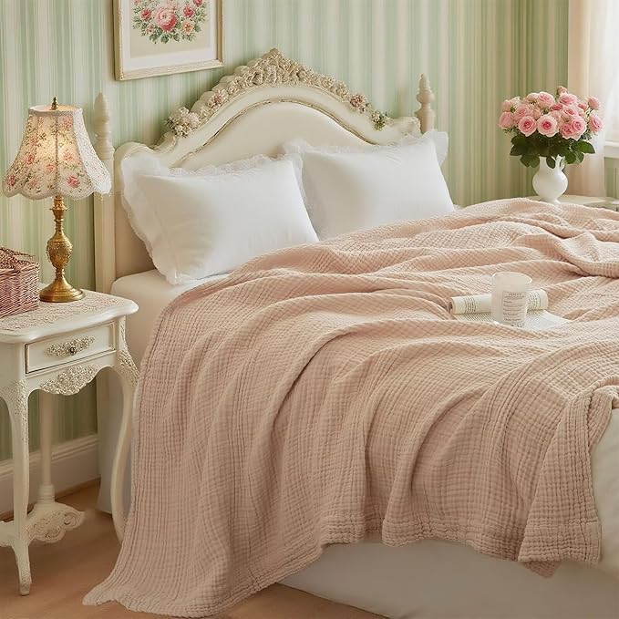 Pink 100% Cotton Throw Blanket 4-Layer Muslin for Couch Bed Living Room Bedroom Lightweight Breathable Airy Blanket for All Season Comfy Gauze Reversible Large Fall Blankets Gifts for Women