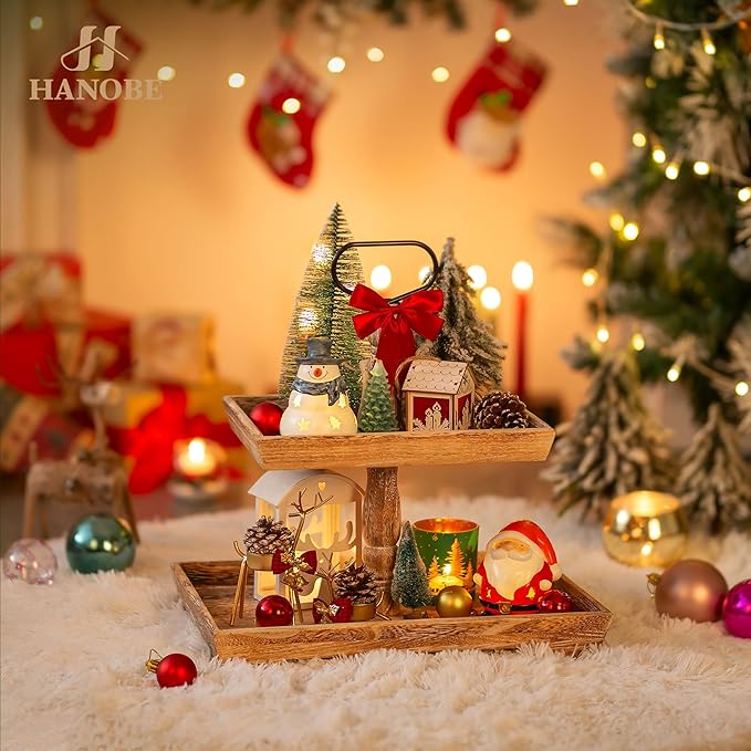 Hanobe Tiered Tray for Table Decor: 2 Tier Serving Stand Farmhouse Decorative Tray for Coffee Bar Centerpiece Rectangle Wood Display Stands Kitchen Counter (Rustic Brown)