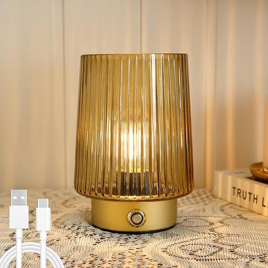 Cordless Lamp Rechargeable Battery Operated lamp, Glass Small Table lamp - Portable Dimmable Brightness Touch Wireless Bedside Lamp for Bedroom/Kitchen/Entryway/Home Living Room Decor, Yellow