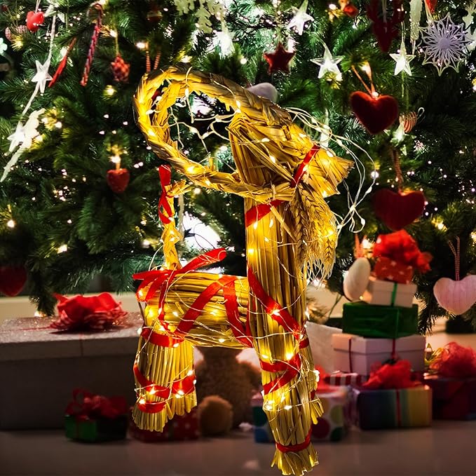 15.7" Lighted Christmas Straw Goat Home Decor Swedish Scandinavian Yule Style Decorative Handmade Ornaments with LED Light for Indoor Christmas Home Kitchen Bedroom Decor